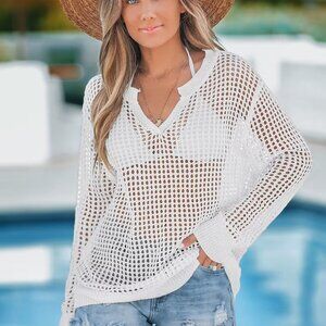 Cupshe White Crochet V-Neck Cover-Up Top Size M | NWT | White
